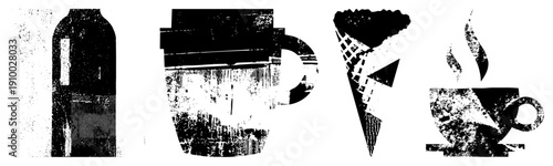 Retro coffee bottle, mug with lid, ice cream cone, cup stylized halftone graphics,, beverage, vector art, isolated elements.