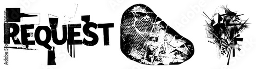 Distressed typography spelling "REQUEST," paired with abstract halftone shapes and chaotic ink splatter design, ideal for urban or edgy branding.
