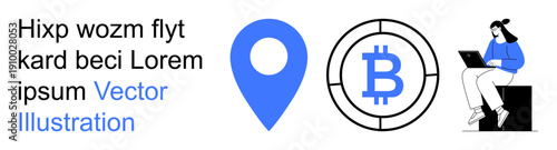 Cryptocurrency, remote work, digital economy, technology, geolocation, blockchain. A Bitcoin symbol, map marker and person with a laptop. Cryptocurrency and remote work concept