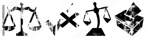 Legal scales, swords, balanced beam, ballot box symbols of law, conflict, equilibrium, and voting. vector with distressed texture.