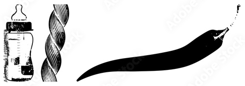 Three isolated vector baby feeding bottle, textured rope, and spicy chili pepper. Minimalist black silhouettes with halftone texture. Ideal for UI, print, or web design.