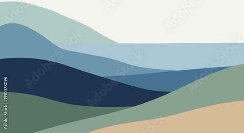 Abstract Landscape Illustration with Blue and Green Hills
