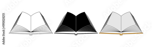 Set of three open book icons in outline, solid black, and gray with orange cover 3D perspective