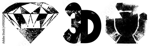 Distressed diamond cut, bold 3D typography, trophy emblem all rendered in gritty halftone vector style with high contrast black and white. Ideal for gaming, awards, or digital branding assets.