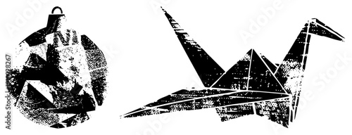 Black and white origami crane and ornament with halftone texture, geometric shapes, stylized paper art, vector graphic, isolated cutout, artistic silhouette.