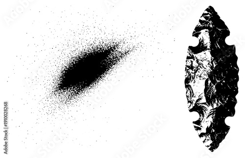 Prehistoric projectile point, flint tool, primitive weapon, archaeological artifact, black and white vector, dot blast, historical relic.