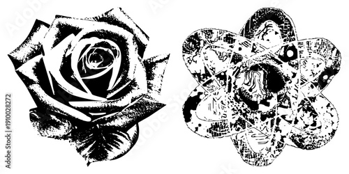 Black and white halftone rose with textured petals, atomic symbol with cracked, graphic design elements, vector art, retro aesthetic, isolated foreground.