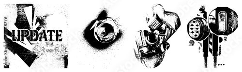 Graphic design element featuring the word "UPDATE" in stylized font with arrow motif, halftone texture, distressed look, digital illustration, vector art.