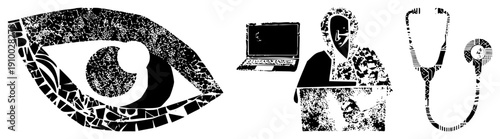 Abstract mosaic eye symbolizing surveillance, hacker using laptop, medical stethoscope all in high contrast vector style, digital security, healthcare, cyber vigilance.