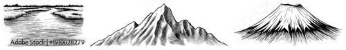 Illustrated mountain ranges with varied topography, rendered in halftone and hatch, ideal for graphic design or print.