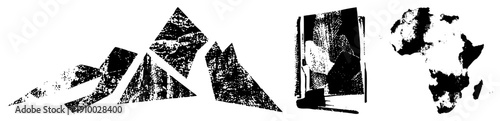 Stylized mountain peaks, open book with textured pages, Africa continent, halftone dot, vector art, graphic design elements.