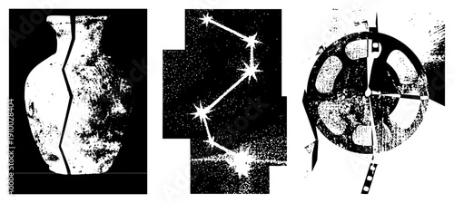 Three vector cracked vase with texture, starry constellation, film reel with spools. Artistic, gritty, stylized, isolated elements for design.