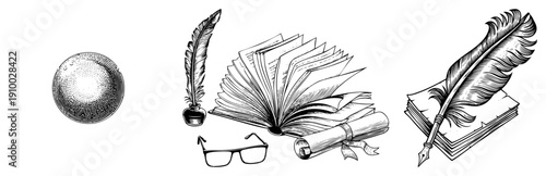 Classic quill pens, open book, rolled parchment, reading glasses, scholarly items, antique stationery, literary symbols.