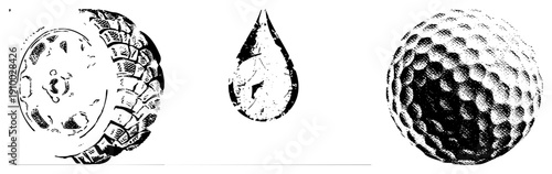 Stylized halftone graphics of tire tread, teardrop, and dimpled golf ball, vector art, isolated, graphic design elements.