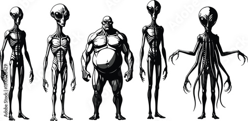 Large collection of creepy alien silhouettes featuring various extraterrestrial life forms and monsters with multiple limbs and unique body shapes isolated on 
