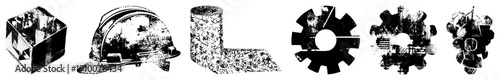 Vector set of industrial symbols including box, helmet, fabric roll, gears, and mechanical, rendered in halftone style with texture.