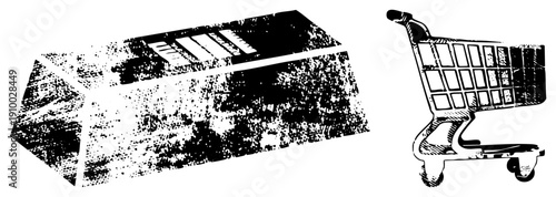 Retro shopping cart beside brick, halftone print style, black and white vector, distressed texture, isolated retail, shopping symbol, urban commerce graphic.