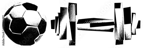 Black and white halftone soccer ball with geometric panels, paired with stylized barbell weights using textured stripes, vector graphic design, sport and fitness.