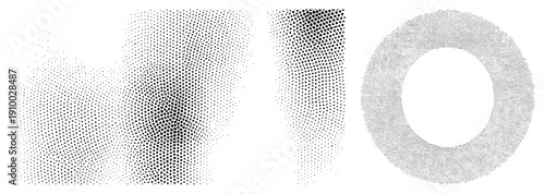 Vector halftone gradients using dot density variation, isolated graphic elements, stylized geometric forms, art, digital illustration.