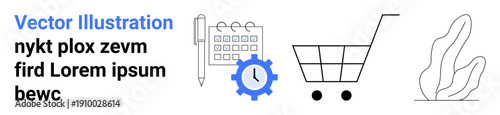 Productivity tools, e-commerce, retail management, scheduling, time tracking, organization. Minimalist icons of shopping cart, clock with gear calendar pen and abstract plant. E-commerce