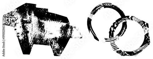 Stylized black and white vector forms featuring halftone textures, angular rings and blocky silhouette, graphic design elements, isolated vector art.