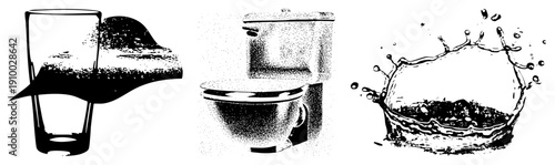 Water droplet explosion forming crown shape, liquid splash graphic, fluid motion illustration, halftone texture, isolated water burst.