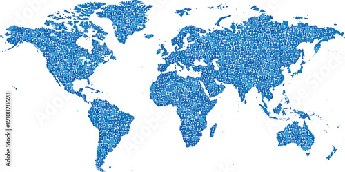 Blue world map composed of human silhouettes representing global population connectivity and international community for business logistics