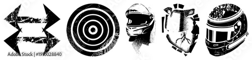 Racing helmet designs with distressed textures, target bullseye graphic, directional arrows, motorsport gear, vector illustration, black and white, gritty aesthetic.