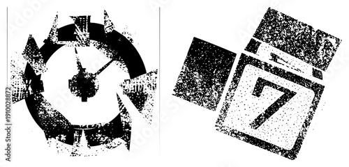 Distressed clock face with fragmented hands, grunge calendar page showing number seven, vector design, digital glitch art, abstract timepiece.