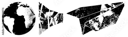 Broken globe pieces showing continents, halftone texture, vector map, world map, geographic illustration, stylized planet, isolated continents.