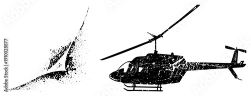 Black vector silhouettes of helicopter and sailboat with distressed texture, isolated graphic elements, aviation and maritime, halftone inspired grit.