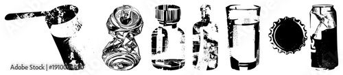 Crumpled soda can, crushed aluminum can, glass bottle, water glass, bottle cap, beverage can all rendered in halftone vector art, isolated on transparent background.