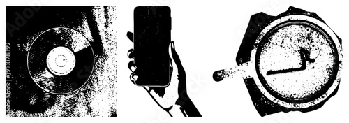 Digital device held in hand, analog vinyl disc, retro pressure gauge, vector, tech and music symbols, isolated elements.