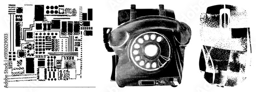Retro rotary telephone, electronic circuit board, computer mouse, halftone vector art, tech nostalgia, digital analog fusion, isolated tech symbols.