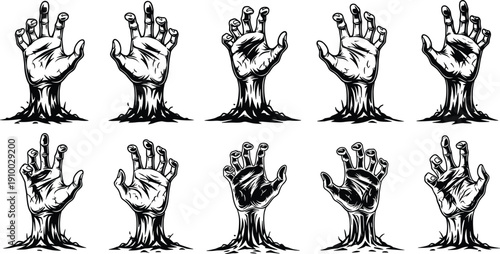 Large collection of creepy zombie hand silhouettes featuring decayed arms reaching up from the ground in various poses isolated on white background for spooky design.