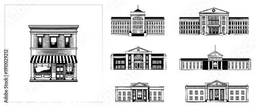 Set of vintage style building, storefronts and institutional facades, rendered in black and white, ideal for urban design or historical illustration projects.