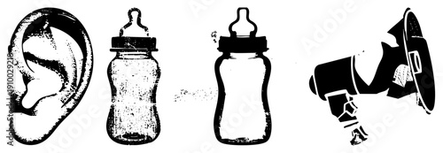 symbol, infant feeding containers, sound amplifier, communication, black and white graphic, stylized shapes, conceptual illustration.