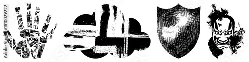 Graphic symbols including hand mosaic, cloud, shield dot, and kabuki mask, rendered in halftone and vector style.
