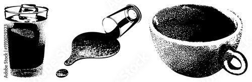 Black and white halftone graphic of coffee beverages iced coffee glass, pouring stream, cup with handle, coffee bean drop, stylized drink.
