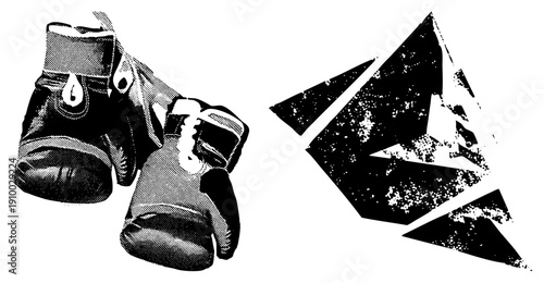 Classic leather boxing gloves rendered in halftone, paired with fragmented angular shapes, vector art, combat sports, stylized fight.