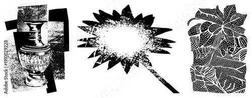 Decorative ceramic vase with intricate geometric, halftone shading, vintage aesthetic, isolated vector art, black and white illustration.