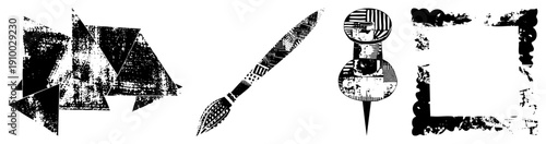 Black and white vector with distressed textures angular shapes, brush, striped pin, scalloped frame ideal for graphic design, print, or digital.