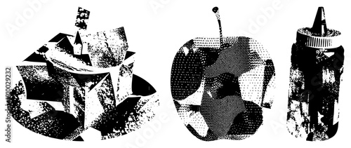 Stylized halftone render of food objects, geometric shapes, dotted texture, vector art, black and white, graphic design elements.