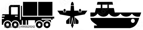 Vector transport delivery truck, airplane, cargo ship, logistics symbols, freight movement, global shipping, cargo delivery.