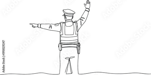 Continuous line art vector of traffic police officer directing vehicle flow with hand signals for safety and education