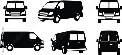Large collection of delivery van silhouettes featuring commercial cargo vehicles from front side and back views isolated on white background for transportation logistics design.