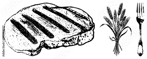 Charred meat with grill marks, wheat stalk bundle, vintage fork, rustic dining symbols, black and white vector illustration.