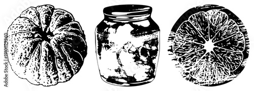 Vintage style vector art of citrus slice, glass jar, and pumpkin, halftone texture, isolated foreground, food illustration, rustic design.