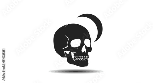 Striking black and white illustration of a stylized human skull with a celestial crescent moon, representing mystery, mortality, and nocturnal aesthetics in graphic design