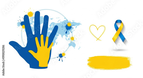 World Down Syndrome Day awareness symbols including hands, globe, ribbon, and heart with blue and yellow colors